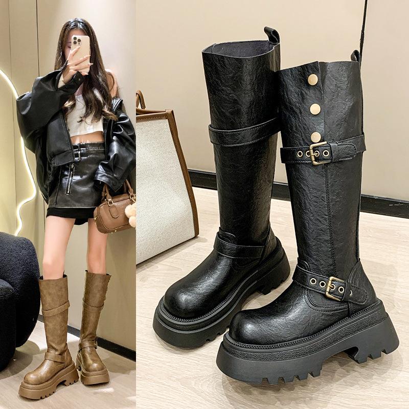 Maillard Brown Fashion Boots Women's 2025 Spring and Autumn New Thick Leg Heightening Knight Boots Small Tall Boots