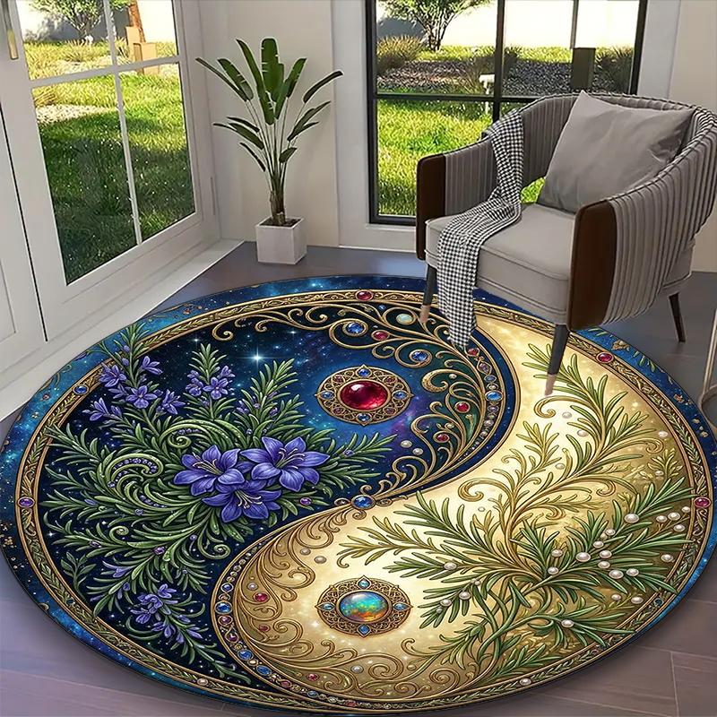1pc Luxe Botanical Yin Yang Printed Chair Rug for Home Office Use, Living Room Kitchen Game Room Round Carpet