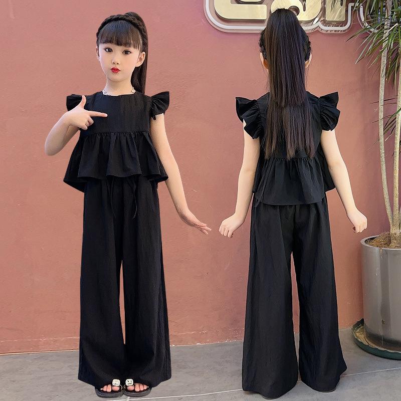 

Летние костюмы для девочек Детская летняя одежда Широкие брюки Костюм-двойка 140 чёрный