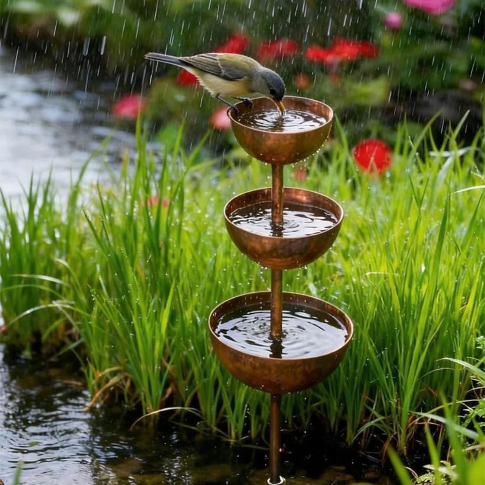 3-Tier Bowl Metal Bird Bath Rusted Bird Feeding Station Garden Rain Catcher Patio Backyard