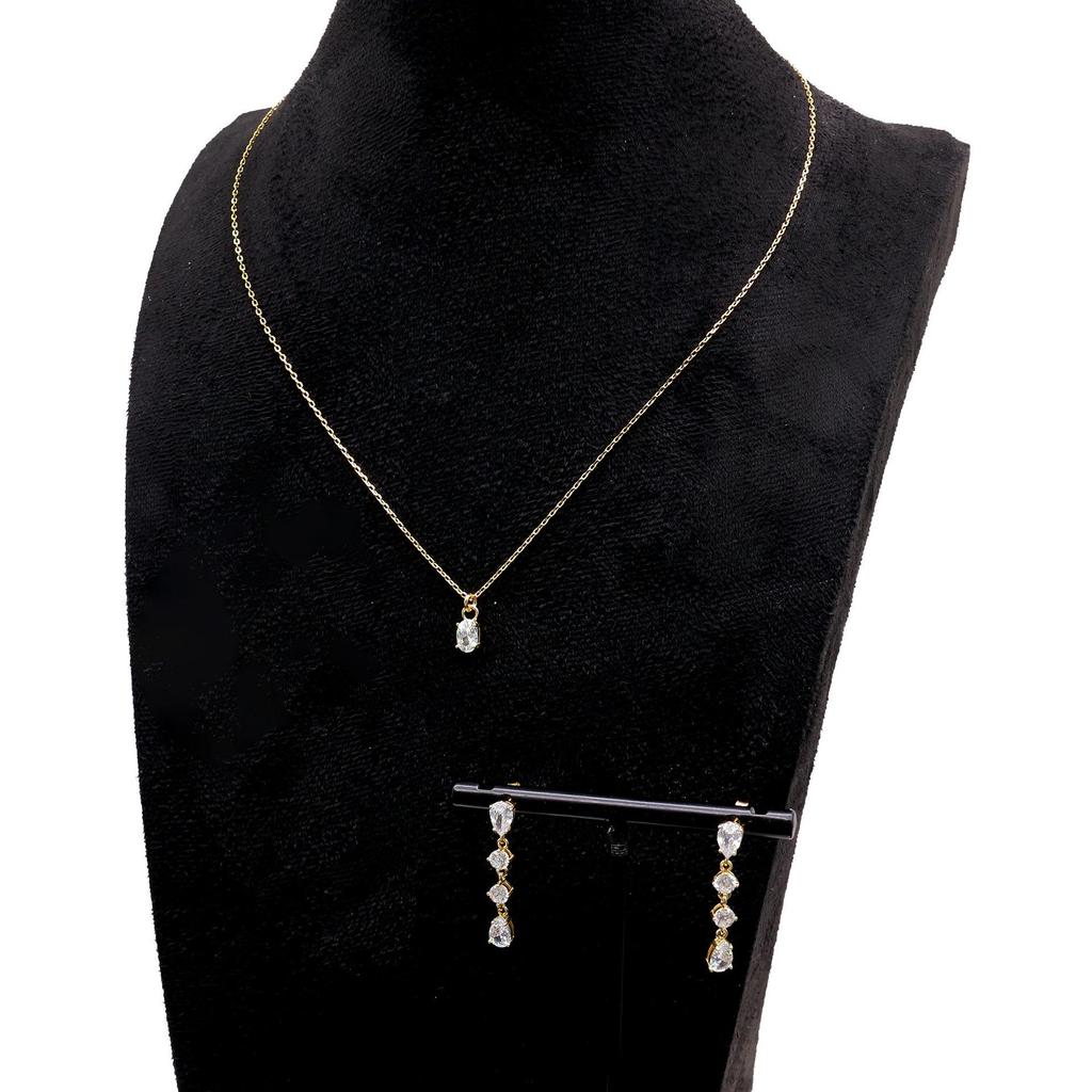 European and American Pure Silver Earrings with Rhinestone Water Drop Pendant Necklace Set for Women