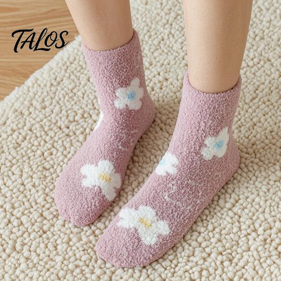 Warmth Retaining Sleep Socks Coral Fleece for Women, Soft Thermal Crew with Non-Binding Winter Gift Cold Feet Top, Fuzzy Cute Prints Autumn Velvet