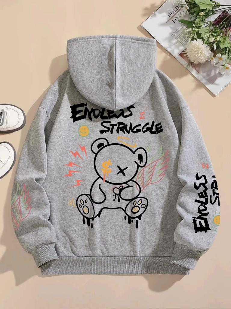 Street Men's and Women's Sweatshirts Endless Struggle Graffiti Bear Printed Hoodie Loose Pullover Sweatshirt Casual Sweatshirt