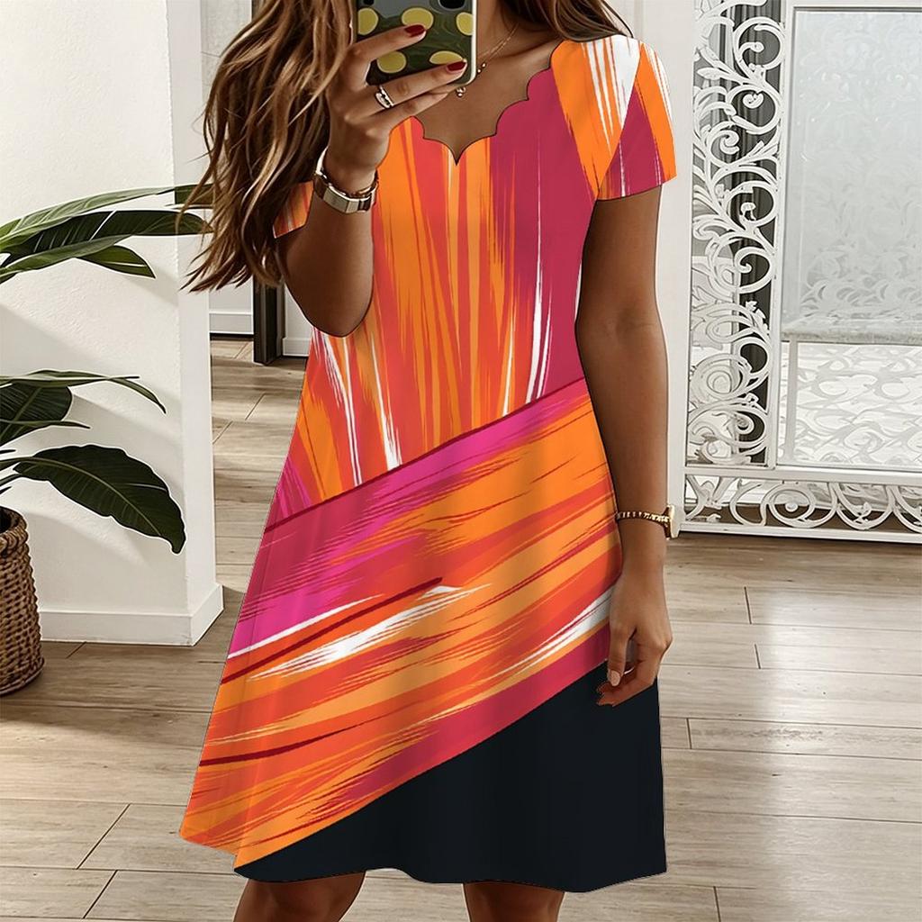 Ladies Oversized V Neck Short Sleeve Dress Boho Leaf Printed Flowy Dress For Mountain Excursion And Daily Leisure