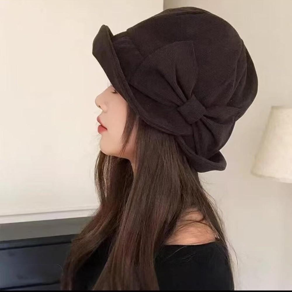 Small Brim Corduroy Bucket Hat Bowknot Basin Cap Vintage Fisherman Cap Lady Accessory