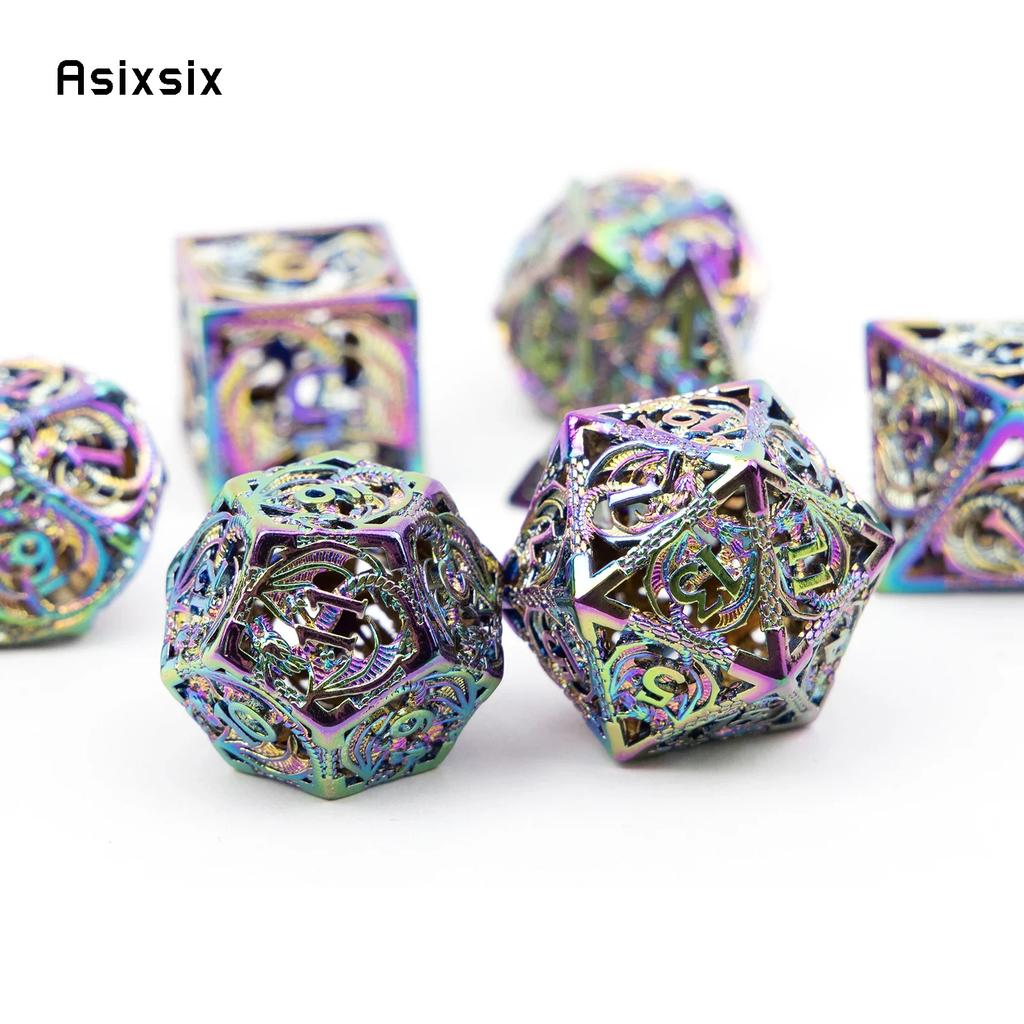 7 Pcs Silver Colorful Dragon Metal Dice Hollow Metal Polyhedral Dice Set Suitable For Role-Playing Game
