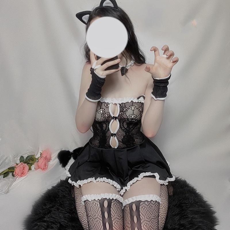 Backless Hollow Lolita Women Cat Cosplay Set Off Shoulder Lace Anime Sexy Lingerie Cute Demon Maid Costume