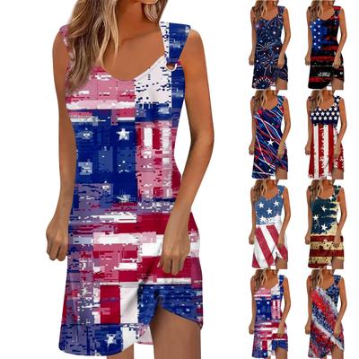 Women's Summer Casual Independence Day Printed Sleeveless Hollow Round Neck Loose Beach Dresses