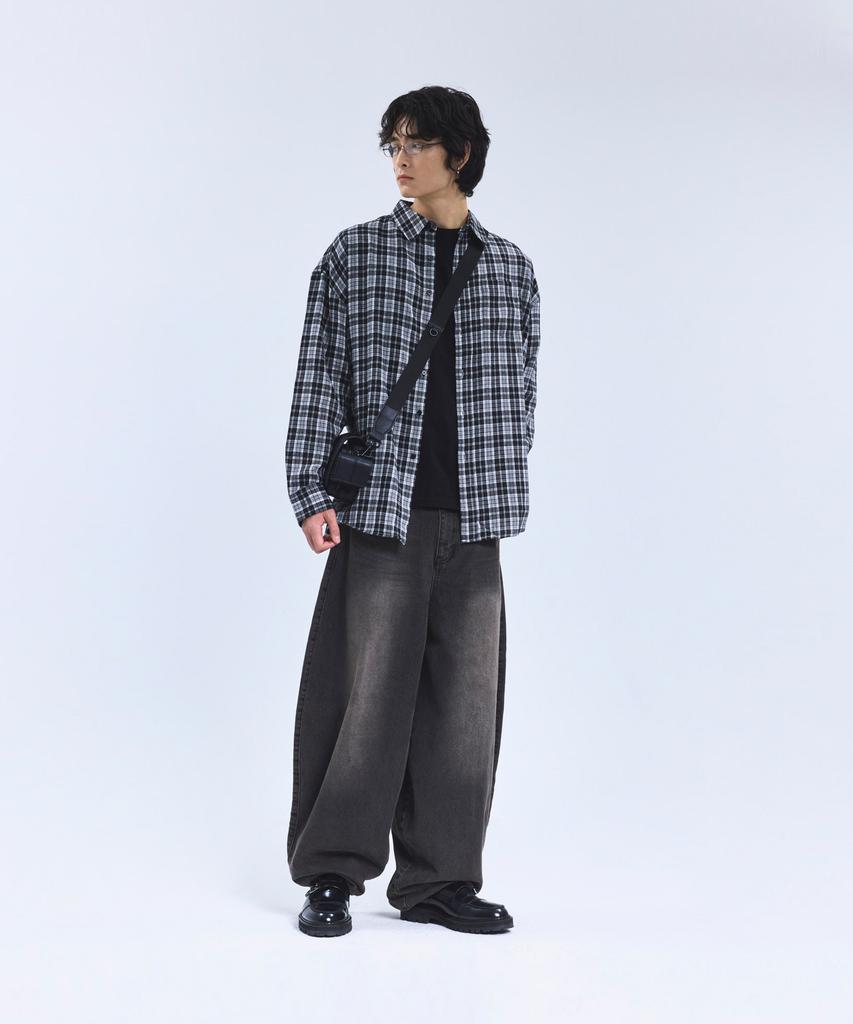 STANDARDERROR 87-Stan130 Nerd Mood Oversized Pocket Long Sleeve Check Shirt Black