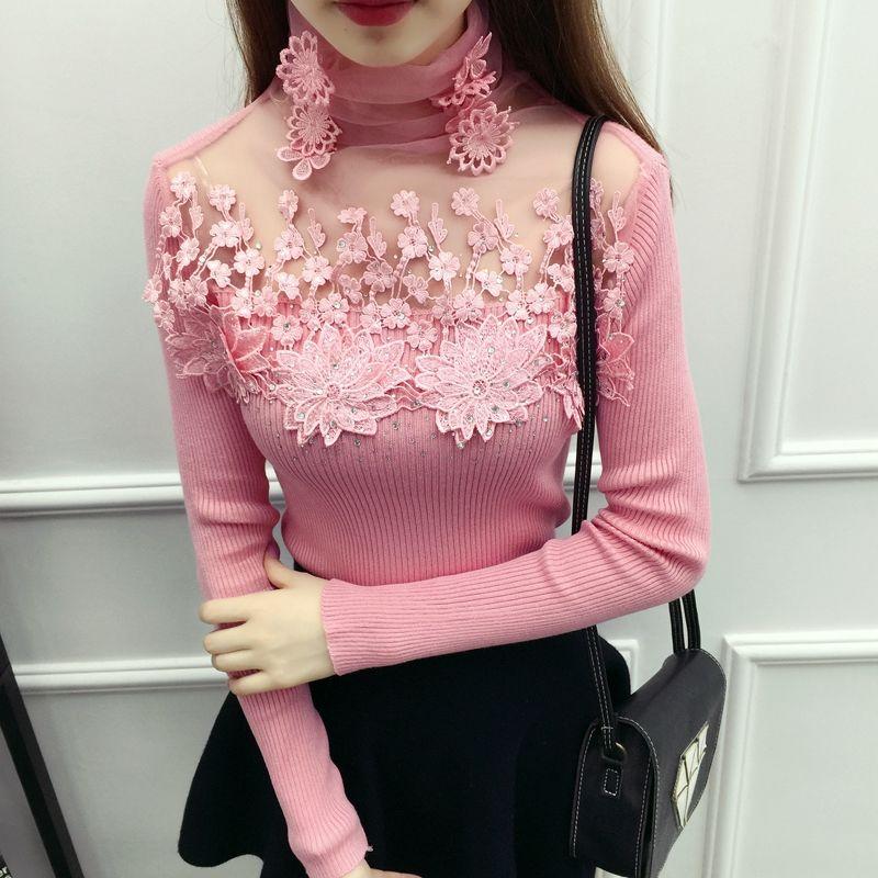 Korean Version High Neck Pullover Sweater with Women's Lace Splicing Hollowed Out Slim Fit Long Sleeved Knitted Base Sweater