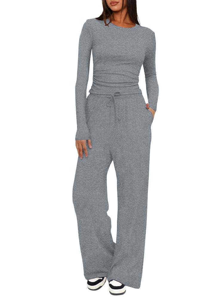 Solid Color Casual Long Sleeve Set Top High Waisted Wide Leg Pants Sportswear