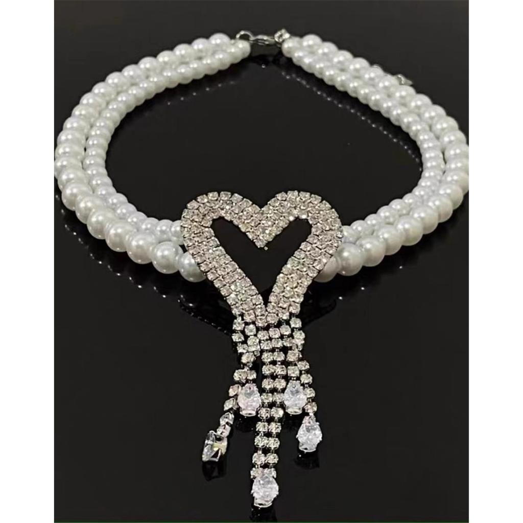 Fashion Light Luxury High Tooxika Sense Of Double Pearl Flash Diamond Love Tassel Necklace Necklace Collar Chain Collarbone Chain