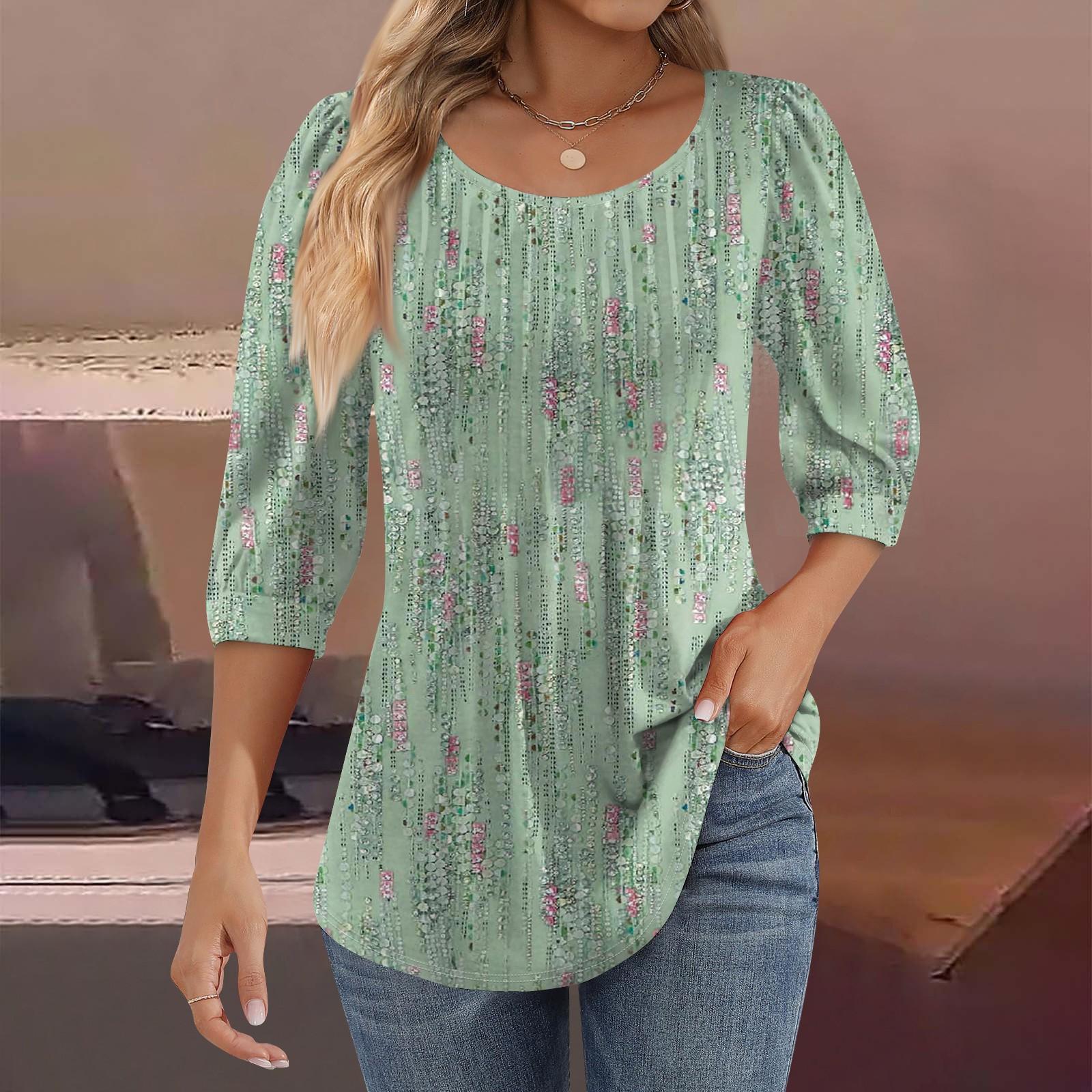 

Женские туники с пышными рукавами 3/4, топы, плиссированные блузки с воротником, повседневные свободные весенне-летние футболки L