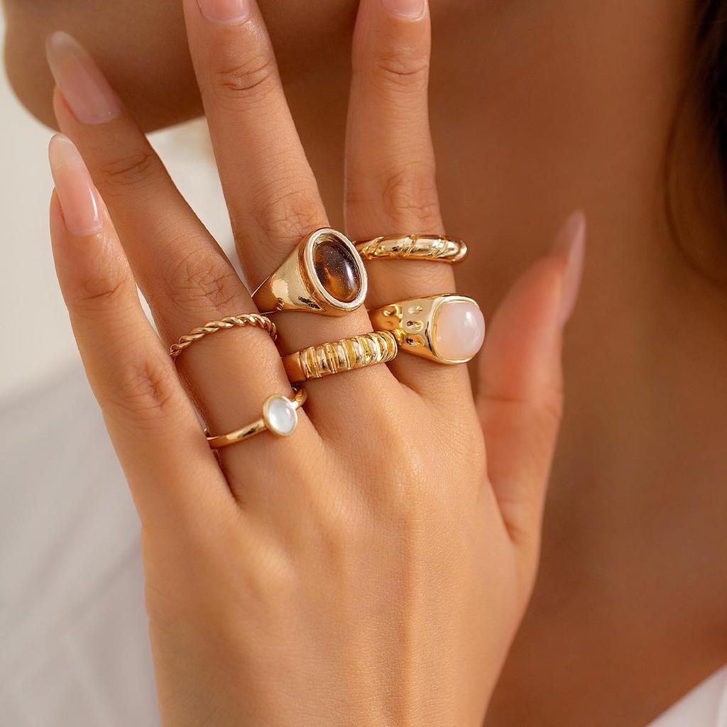 European & American Cold Style Gemstone Inlaid Irregular Metal Ring Set