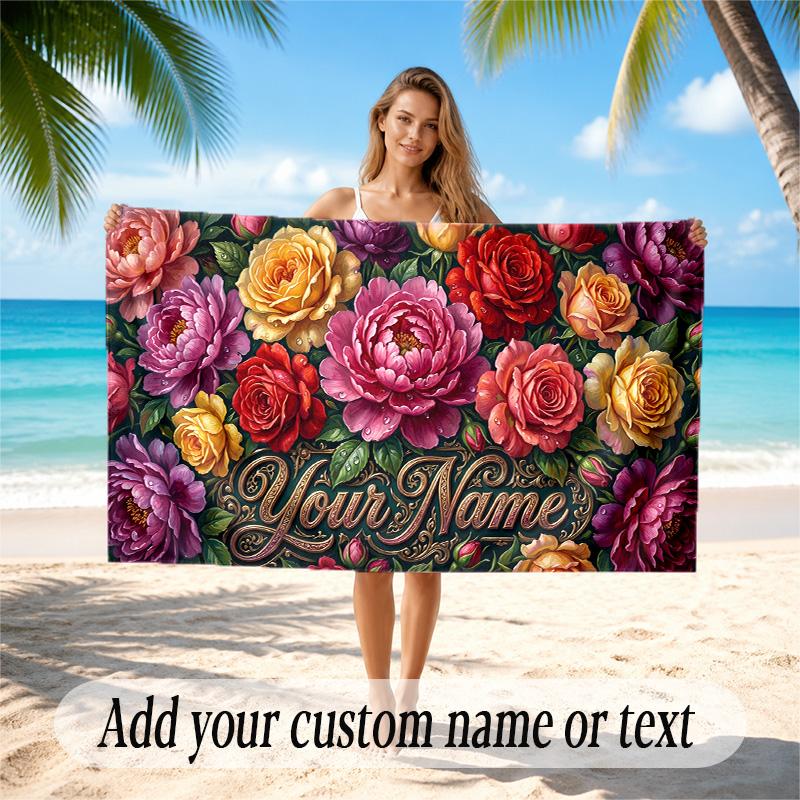 Floral Garden Theme Quick Dry Beach Towel Custom Name Text Print Large Sand Resistant Towel Beach Vacation