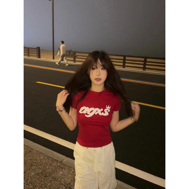 

[40-Count 210g Combed 95% Cotton + 5% Spandex Back Collar] Slim Fit, Flattering, Regular Shoulder Short-Sleeve T-Shirt for Women, Red Red S