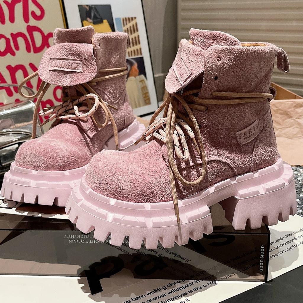 Martin Boots Big Head Frosted Candy Color Lapel Locomotive Boots Short Boots Handsome Tooling Babes Flats Women's Shoes