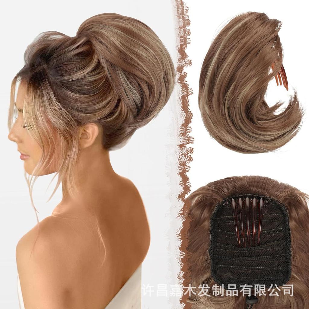 Damen 6-Zoll Kordelzug-Stil kurz innerer Knopf Pferdeschwanz leicht gelockt flauschige Perücke