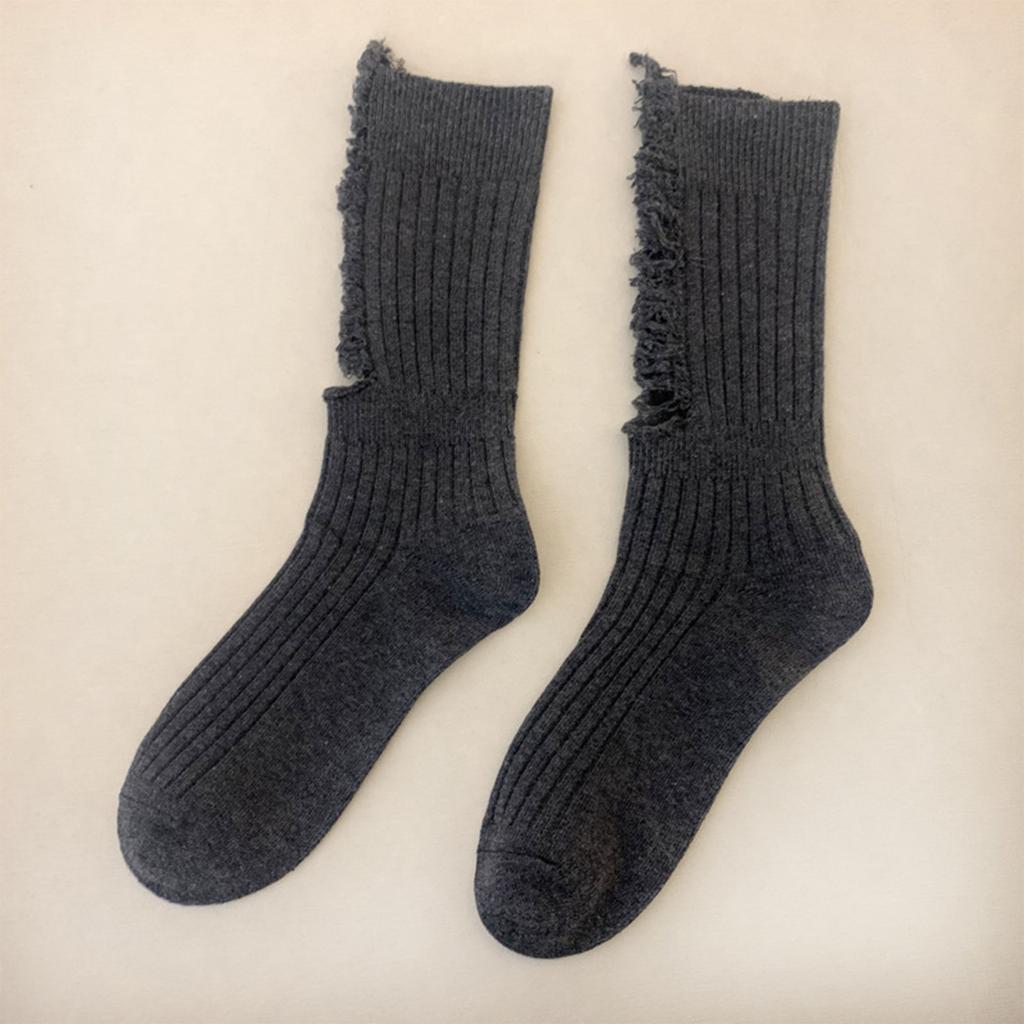 Women Ripped Socks Solid Color Hip Hop Skateboard Streetwear Calf High Hosiery