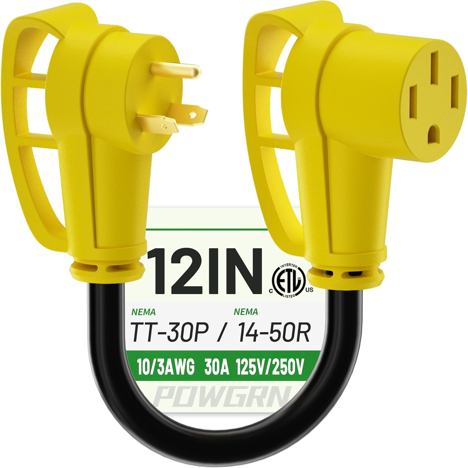 

POWGRN 30 Amp to 50 Amp RV Adapter 12 inch, Heavy Duty 10/3 Gauge RV Electrical Adapter, NEMA TT-30P Male to NEMA 14-50R Female, STW 10AWG 30A 125V TT-30P to 14-50R жёлтый