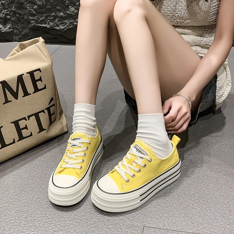 Classic White Canvas Shoes Women's Solid Lace-up Casual Thick-sole Shoes Platform Sneakers Fashionable Round-toe Walking Shoes