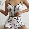 Ensemble pyjama camisole à imprimé cœur et nœud - Ensemble deux pièces confortable en côtes pour la détente