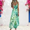 Women Plus Size Spaghetti Strap V Neck Sleeveless Green Blue Printed A Line Long Dress