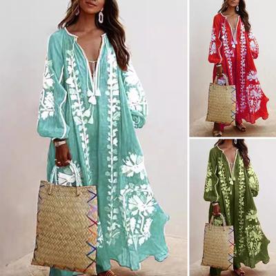 Summer Women Dress Deep V Neck Tassel Long Sleeve Retro Bohemian Style Oversized A-line Flowy Hem Floral Print Vacation Beach Maxi Dress
