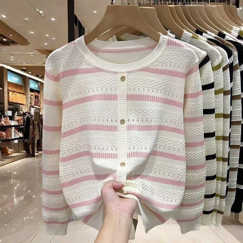 Korean Style Striped Hollow Loose Knit Sweater for Women – 2026 Long Sleeve Lightweight Inner Layer