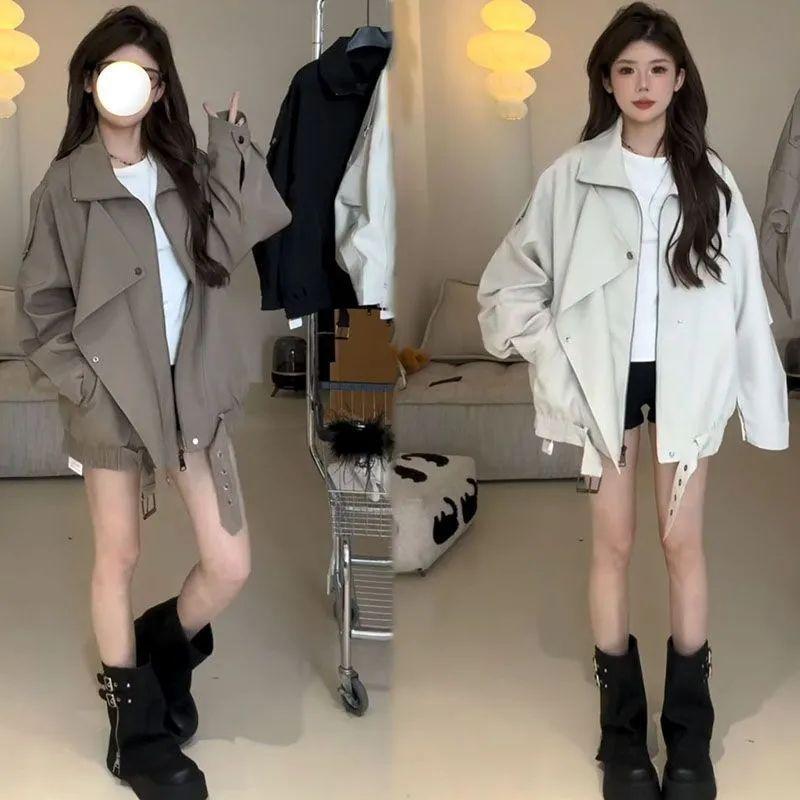 American Style Pure Color Retro Jacket Simple Turn-down Collar Niche Personality Sweet Cool Women Casual Outerwear Top