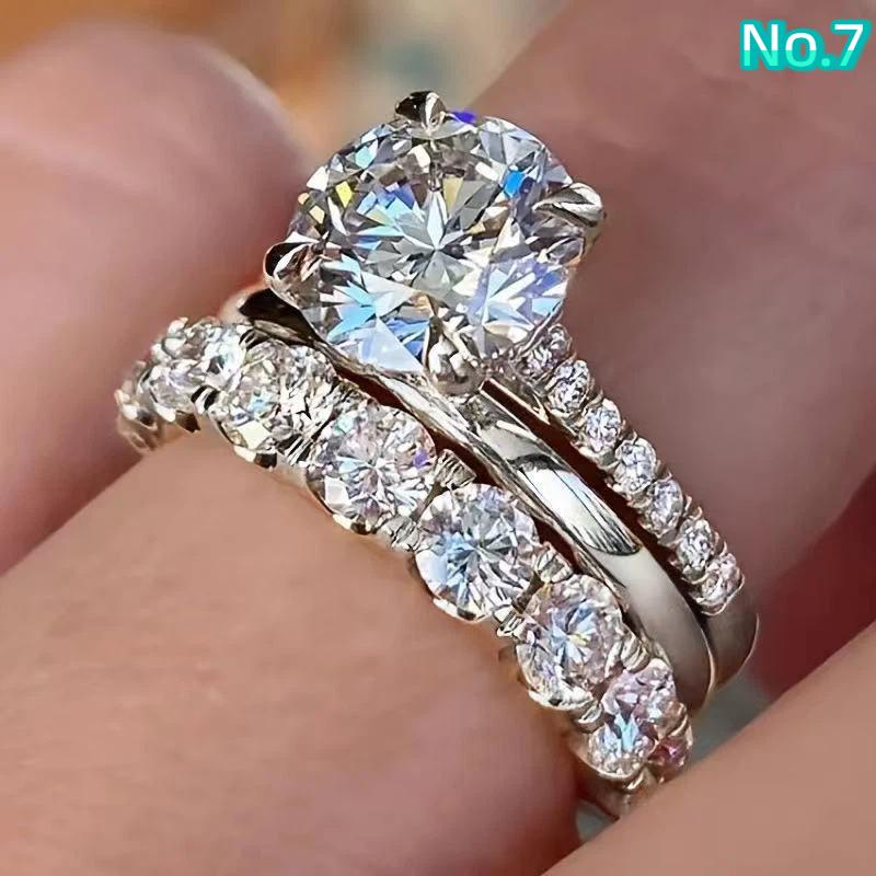 3Pcs Set Luxury Temperament Five-Claw Inlaid Crystal Zircon Ring For Women Wedding Fashion Charm Jewelry Sets Accessories