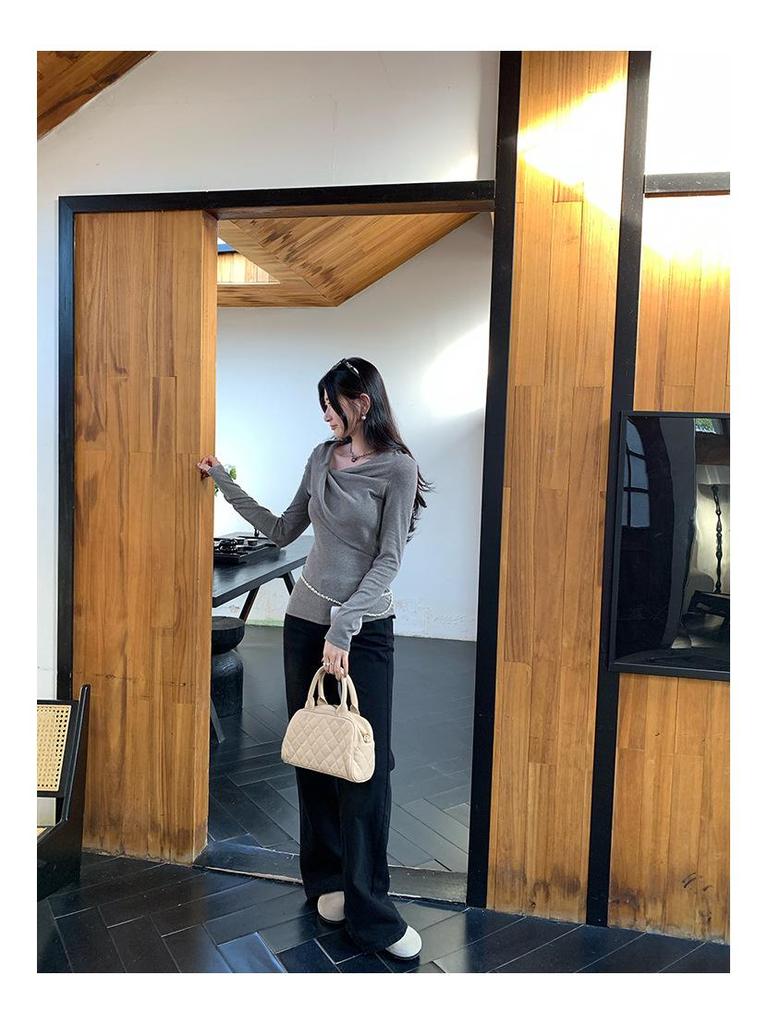 Korean Pure Desire Women's One-Shoulder Slimming Long-Sleeve Top - Autumn/Winter Fashion