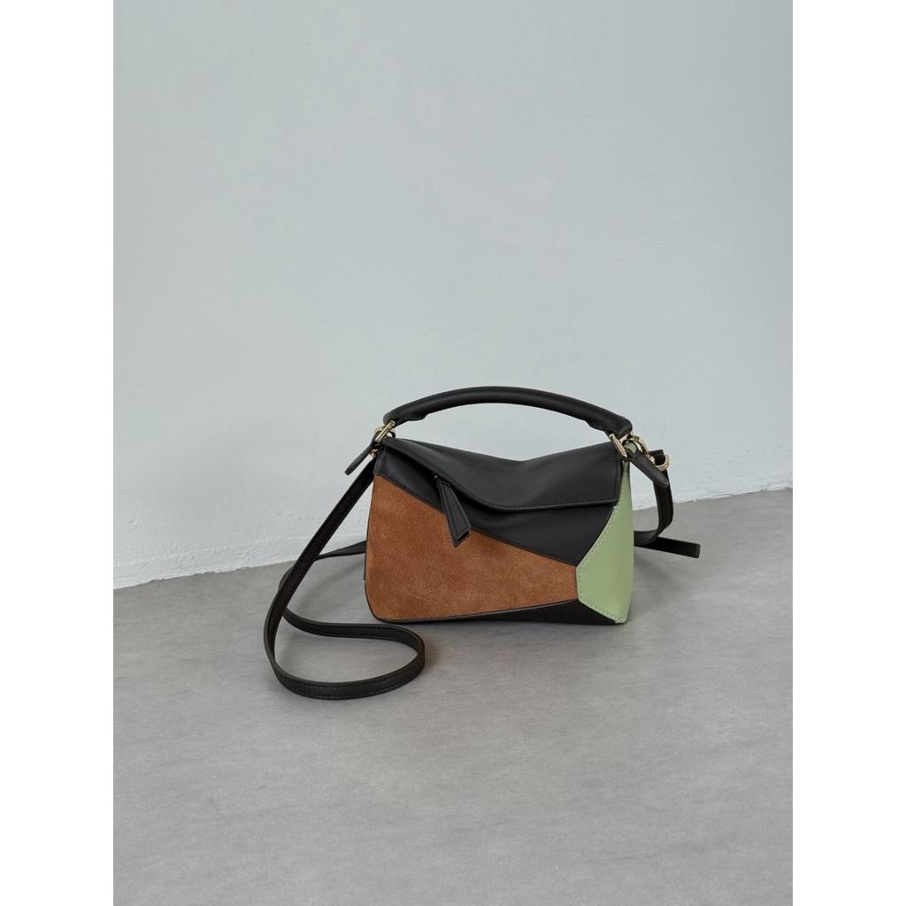Leather Handmade Beeswax Line Geometric Bag Niche Light Luxury Pillow Bag Trend Splicing Shoulder Messenger Bag Women's Small Square Bag
