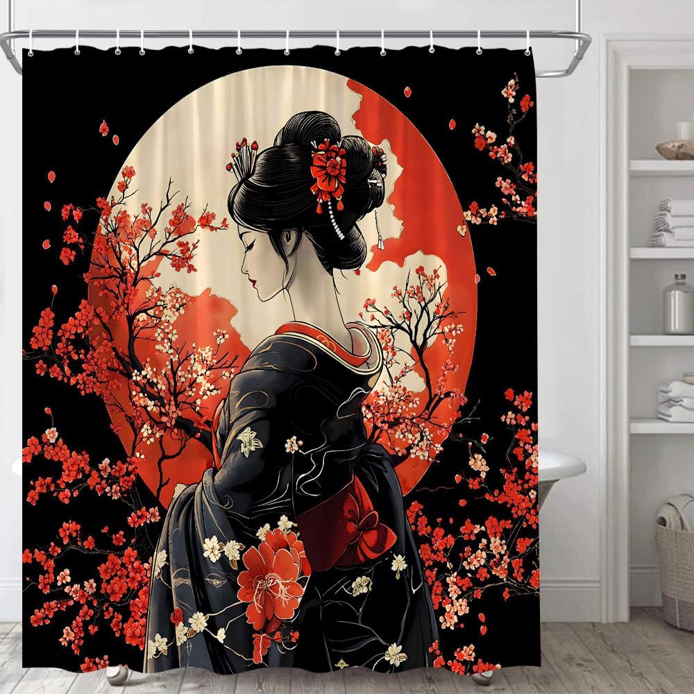 Japanese Geisha Shower Curtain Asian Red Cherry Blossoms Floral Full Moon Sun Oriental Woman Traditional Japan Girl Spring W60H190(CM)-1 Pcs