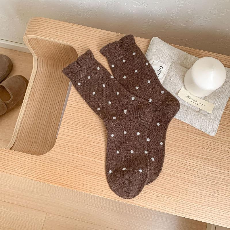 Lace Wool Socks for Women, Mid-calf Socks for Autumn and Winter, Thickened and Fleece, Warm, Polka Dot, Grey, Winter Long Socks