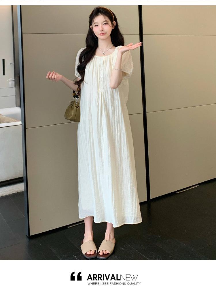 2026 Summer New Maternity Fairy Dress: Simple Round Neck, Loose Fit with Slimming Belt