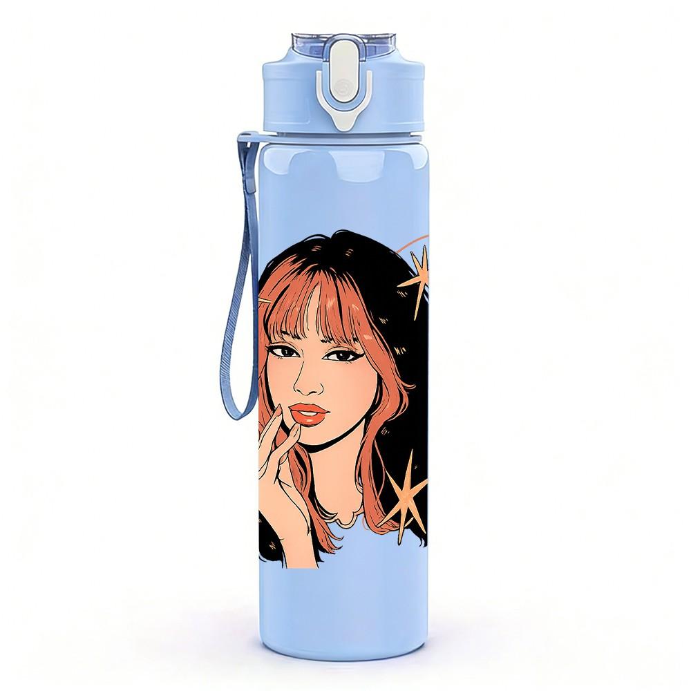 1PC Long Hair Girl Portrait Art Print 750ml Color Plastic Sports Water Bottle Leakproof Flip Straw Lid Suitable for Sports Office Home Use