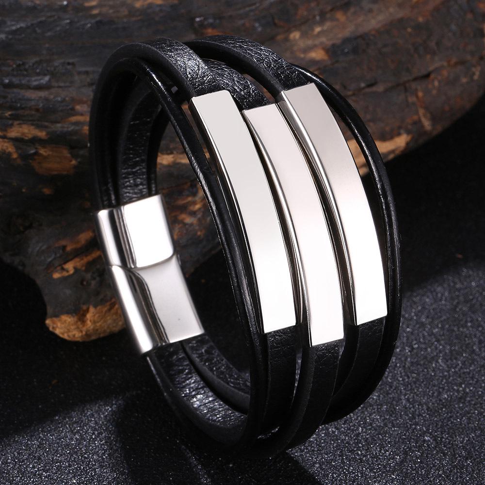 Best-Selling European  American Multi-layered Leather Bracelets - Versatile Stainless Steel for Men