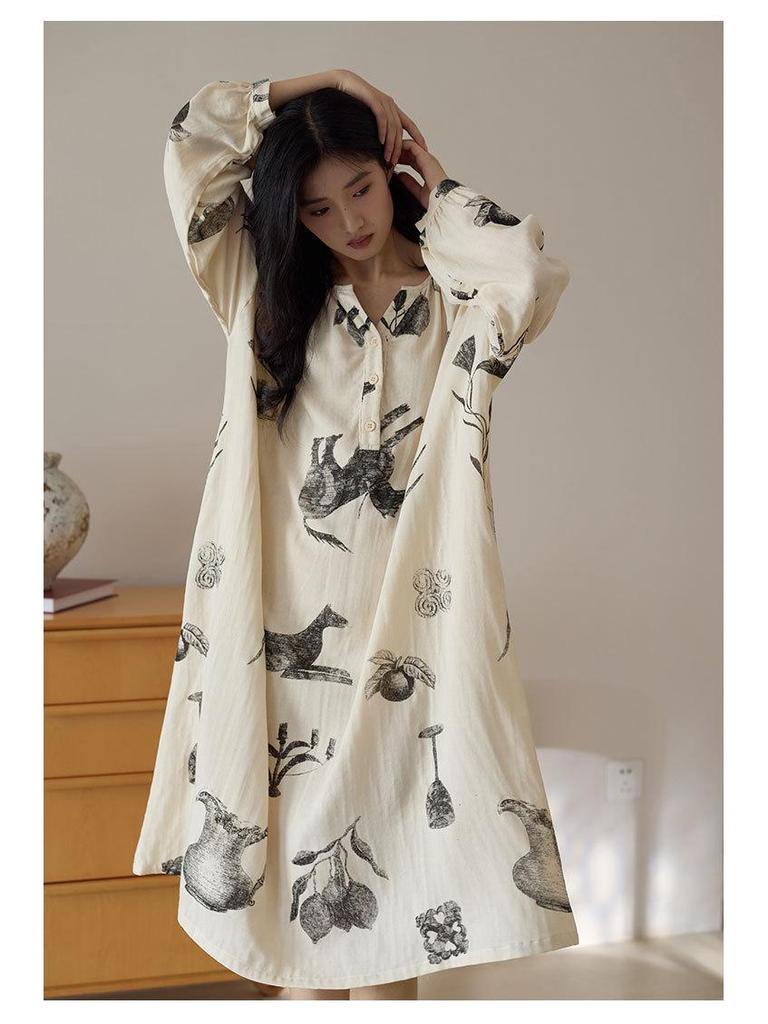 Bamboo Fiber Women's Long Sleeve Wabi-Sabi Nightgown - Mid-Length Autumn Pajamas Dress