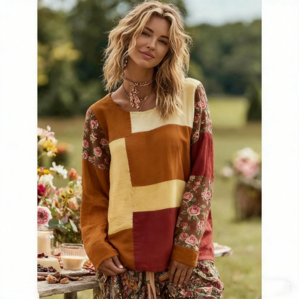 Europa Ameryka Vintage Kolory Łączone Damska Koszulka Pulower Styl Bohemian Damska Z Długim Rękawem Odzież Outdoor Codzienne Koszulki Top