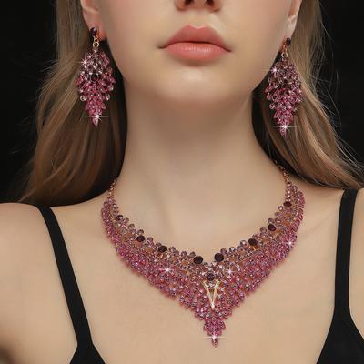 FYUAN Luxuriöses Inlay Strass Halskette Ohrringe für Frauen Lila Kristall Wassertropfen Anhänger Hochzeit Braut Schmucksets