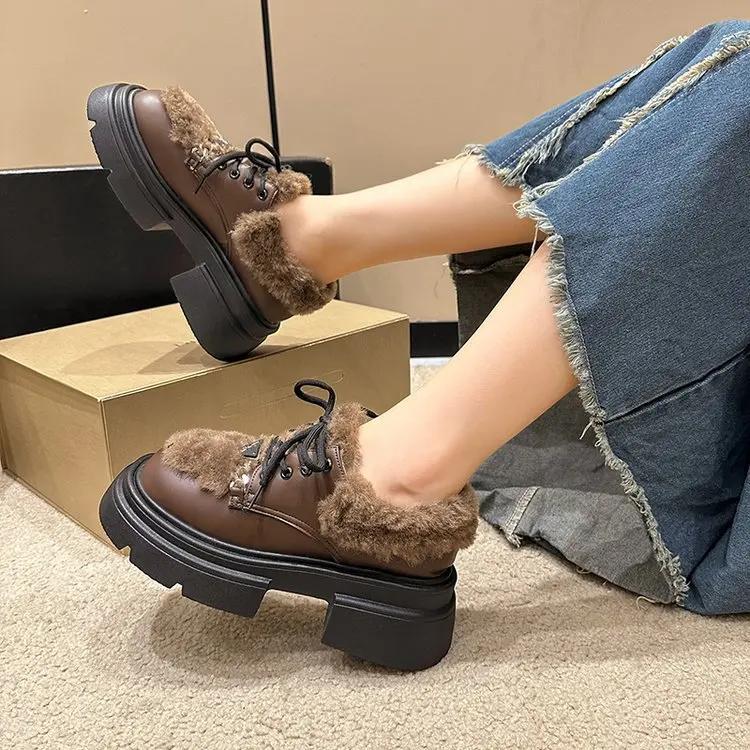 Shoes For Women Winter Lace-Up Snow Boots Thick Soled Non-Slip Warm Cotton Boots Outdoor Simple and Elegant Women's Cotton Shoe