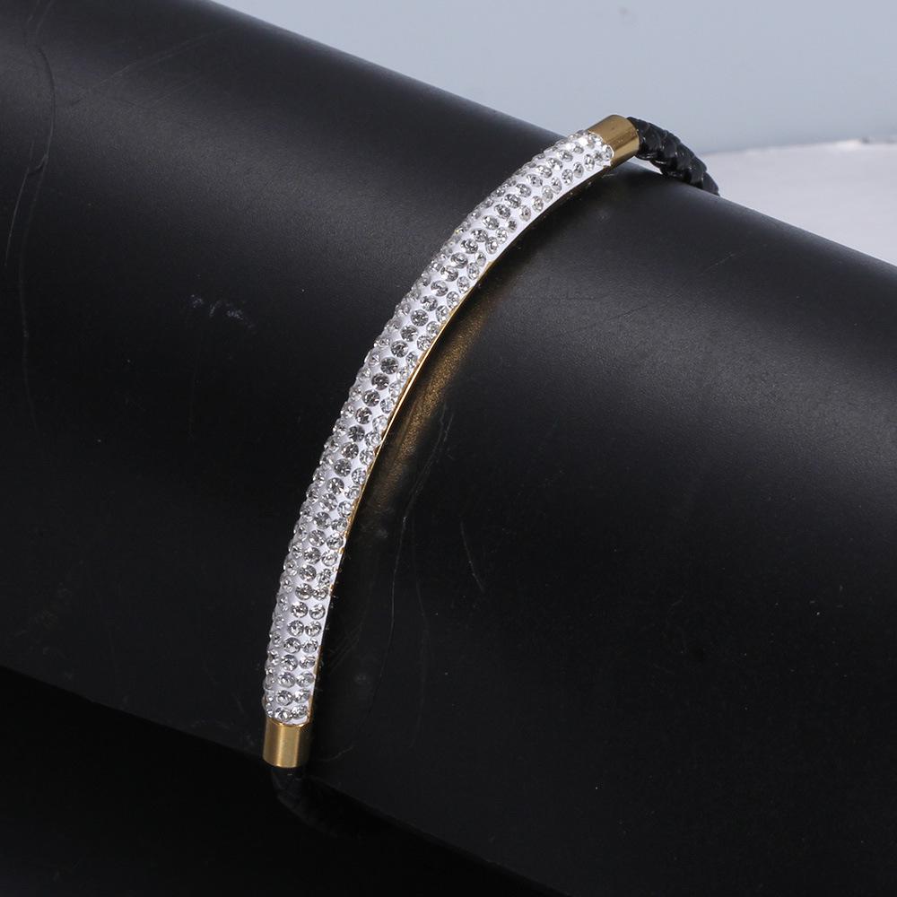 Fashion Titanium Steel Three-Row Zircon Leather Women's Bracelet Woven Magnetic Stripe Open Bracelet Bracelet