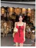 Petite French Red Floral Lace-up A-line Sling Dress