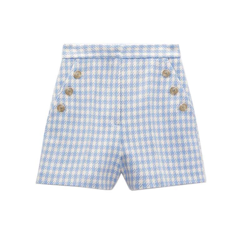 

Blue Houndstooth Slimming High Waist Wide Legs Casual Pants Blue shorts L