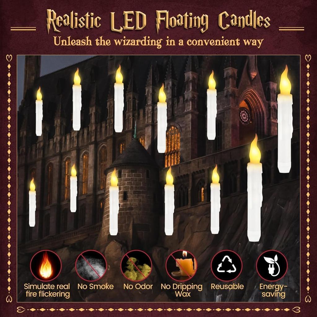 Halloween Decorations, Harry Floating Battery Operated Candles with Potter Magic Wand Remote, Flameless Hanging Flickering LED Candle Light,