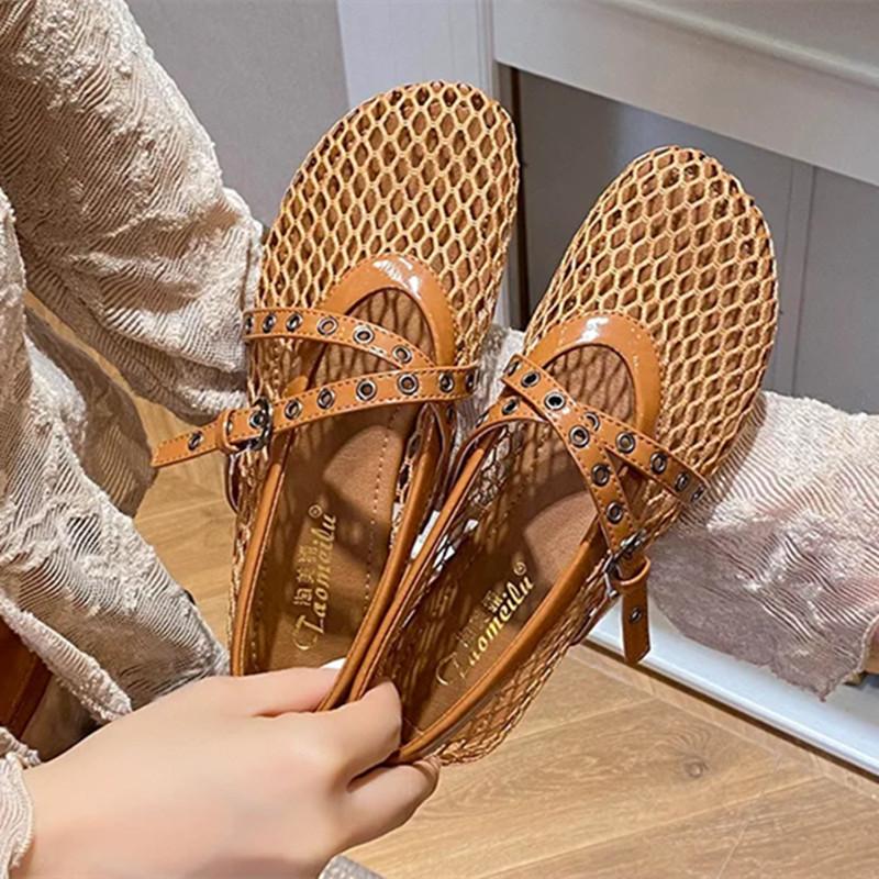 Fashion Air Mesh Breathable Ballet Flats Women Fashion Rivet Belt Buckle Design Flat Shoes for Women Light Cozy Summer Casual Sneakers