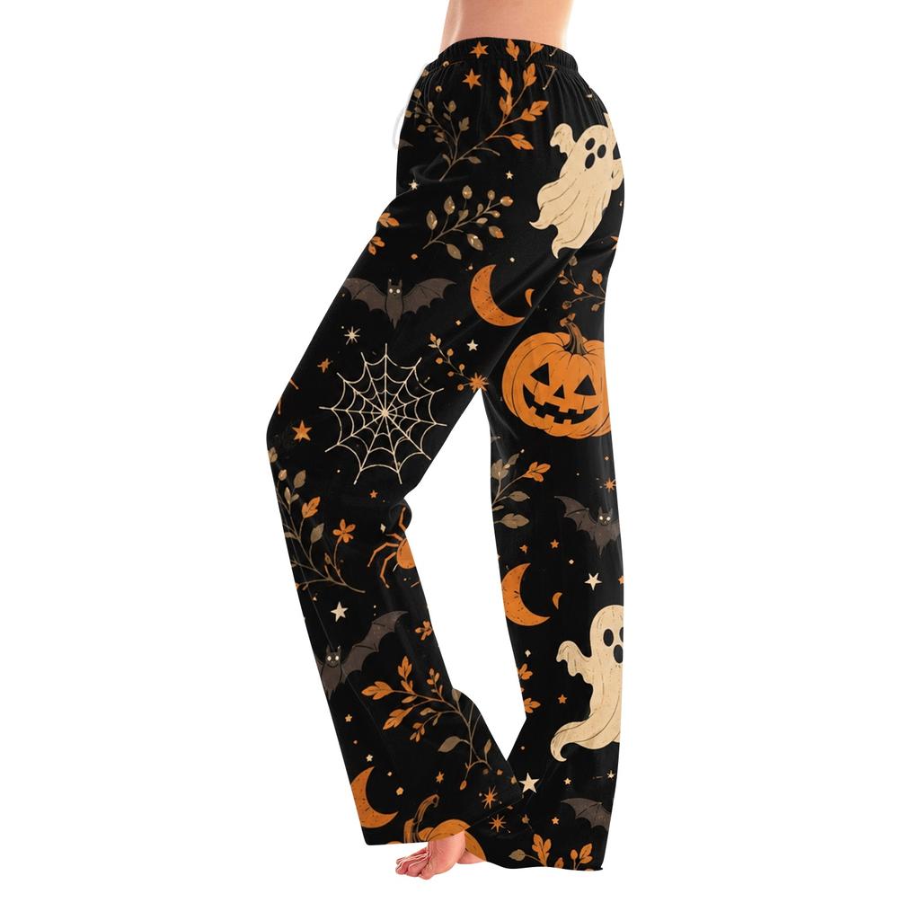 Women's Halloween Print Elastic Waist Drawstring Pajama Pants for Casual and Sleepwear