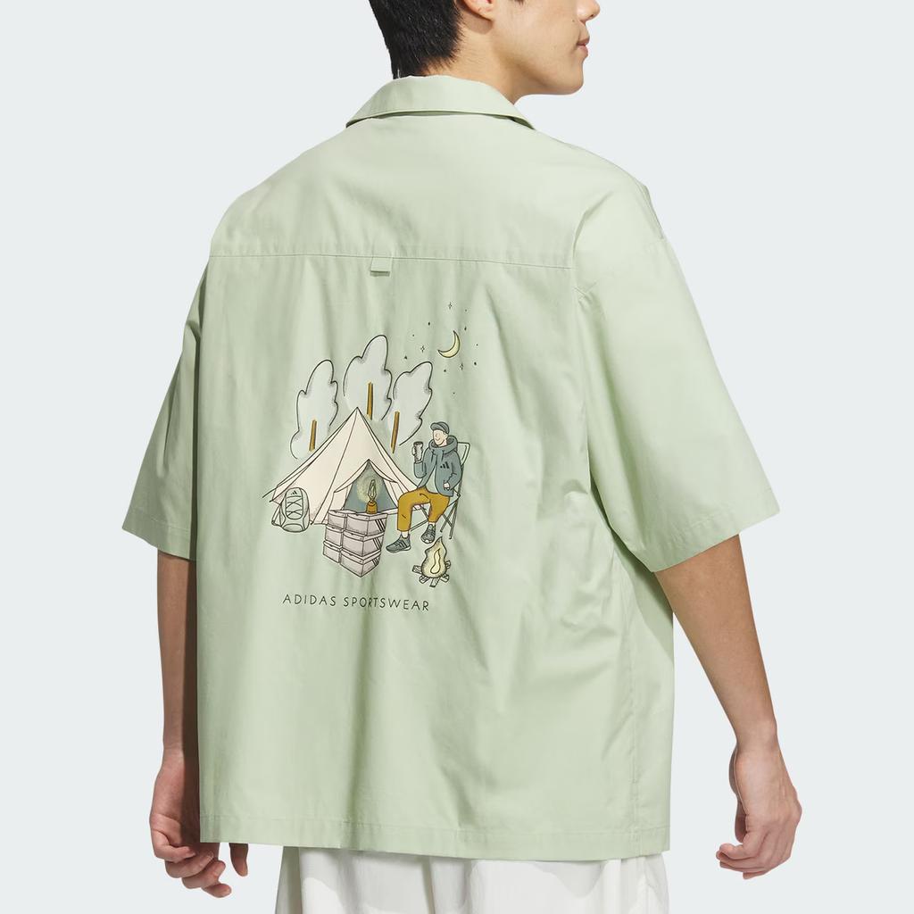 Adidas Sportswear GFX Loose Fit Button-Up Short Sleeve Shirt Men Shirts Magic-Yellow Green JL6056