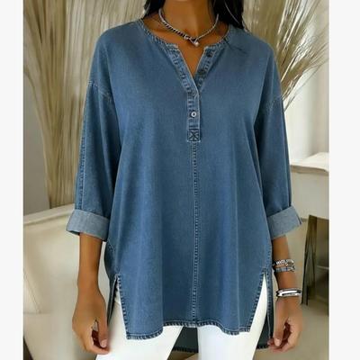 European Hot Selling Washed Denim Irregular Long Sleeve Women's Blue Shirt - Comfortable and Casual